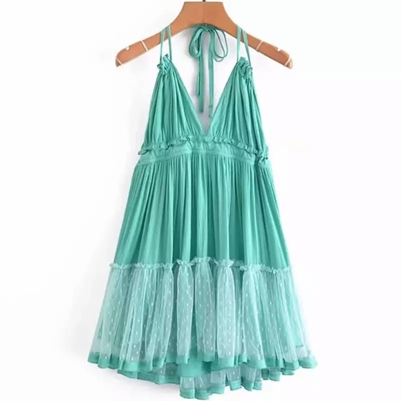 Dresses & Skirts - Mint Swiss Dot Mesh Boho Halter Mini Dress